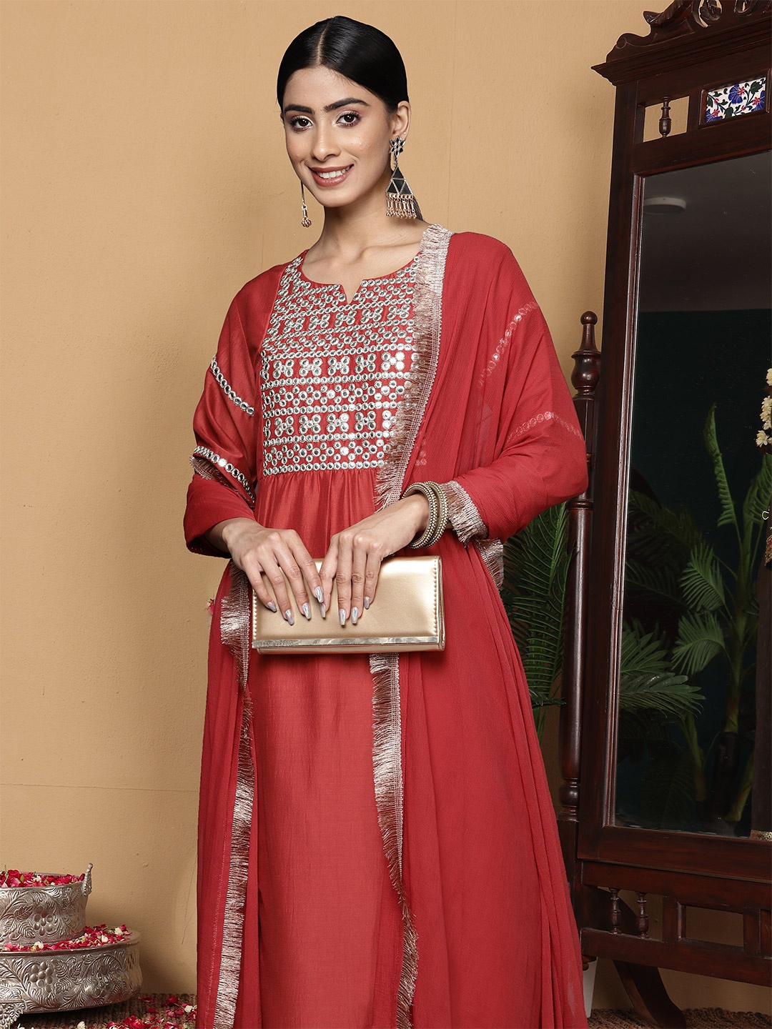 

Varanga Embroidered Empire Mirror Work Kurta With Trousers & With Dupatta, Rust
