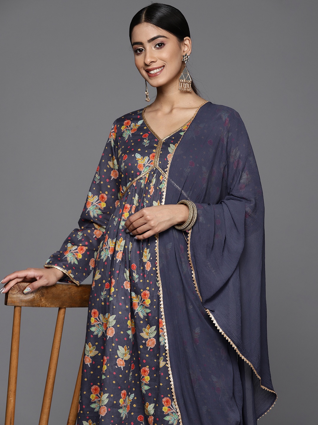 

Varanga Floral Printed Empire Sequinned Pure Cotton Kurta With Palazzos & With Dupatta, Violet