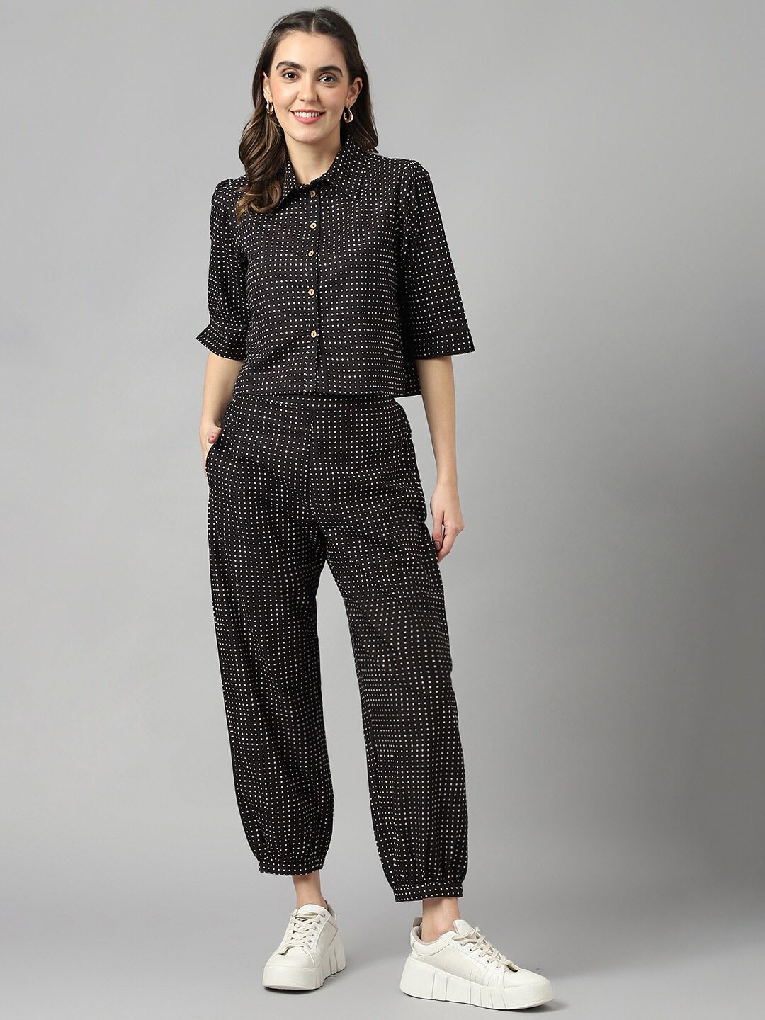 

DECKEDUP Polka Dots Printed Cotton Shirt Style Top, Black