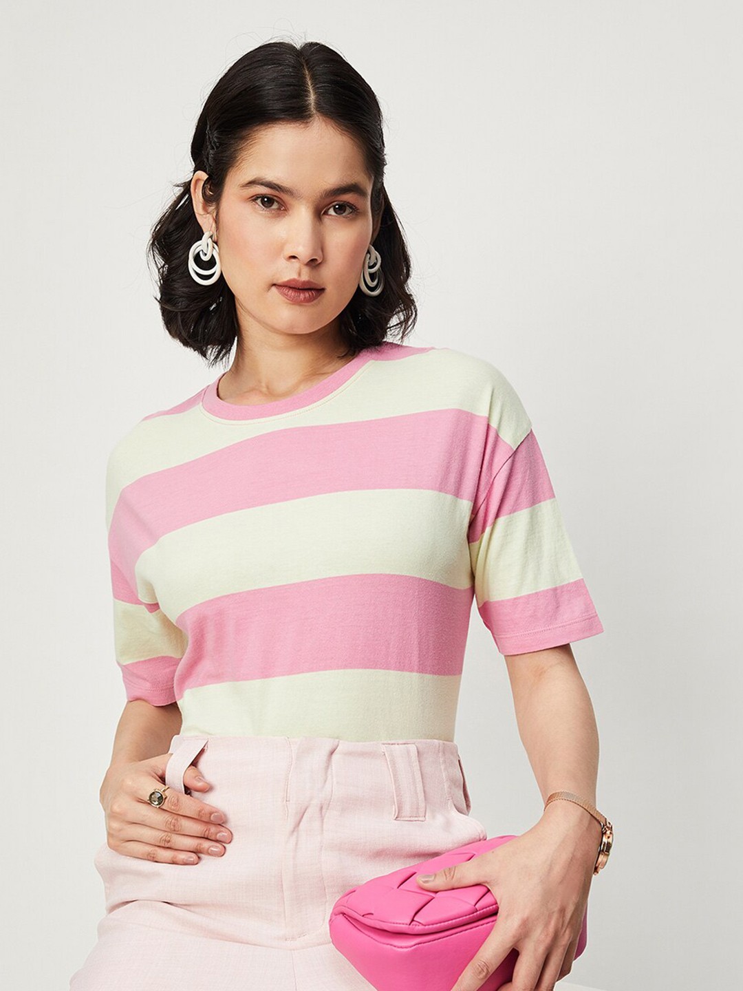 

max Striped Drop-Shoulder Sleeves Pure Cotton T-shirt, Pink
