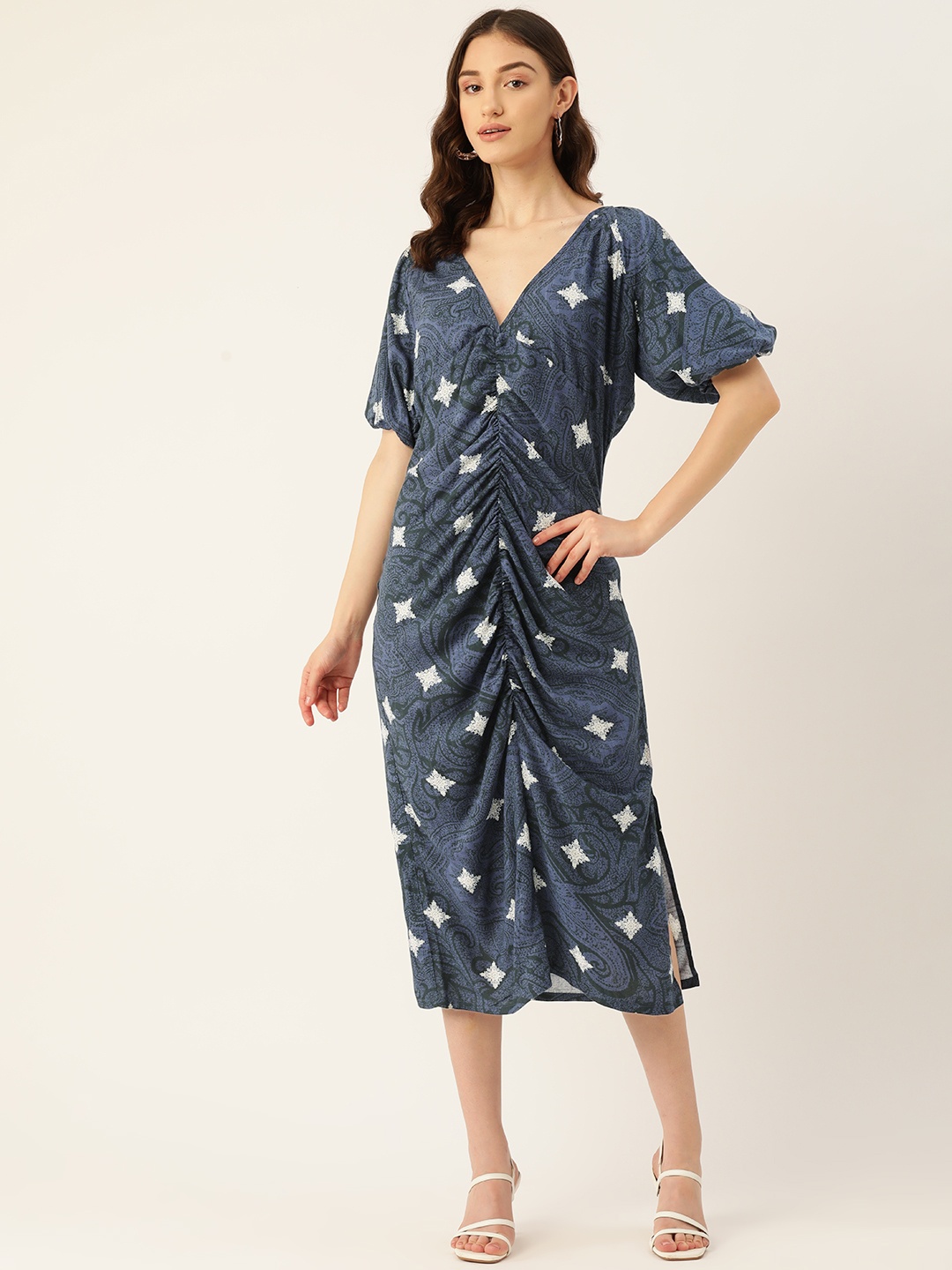 

Rue Collection Print Puff Sleeve Sheath Midi Dress, Blue