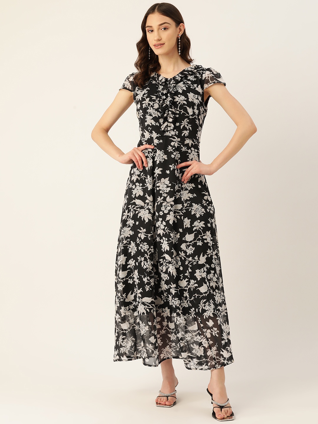 

Rue Collection Floral Print Flutter Sleeve Chiffon A-Line Maxi Dress, Black