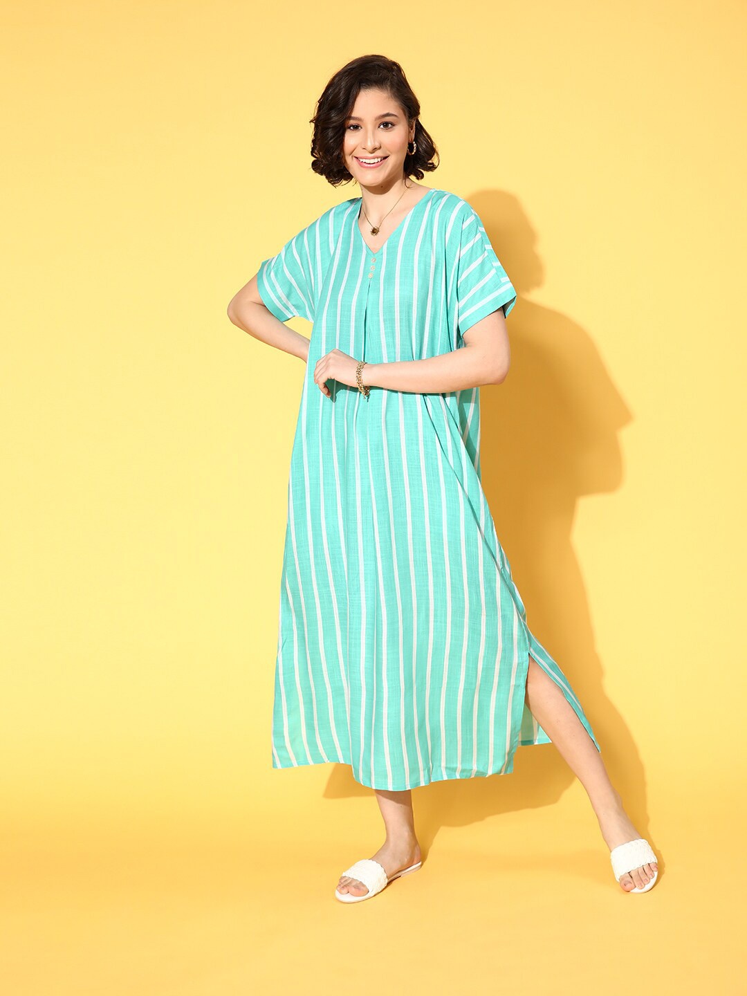 

MBeautiful Striped V-Neck Cotton A-Line Midi Dress, Sea green