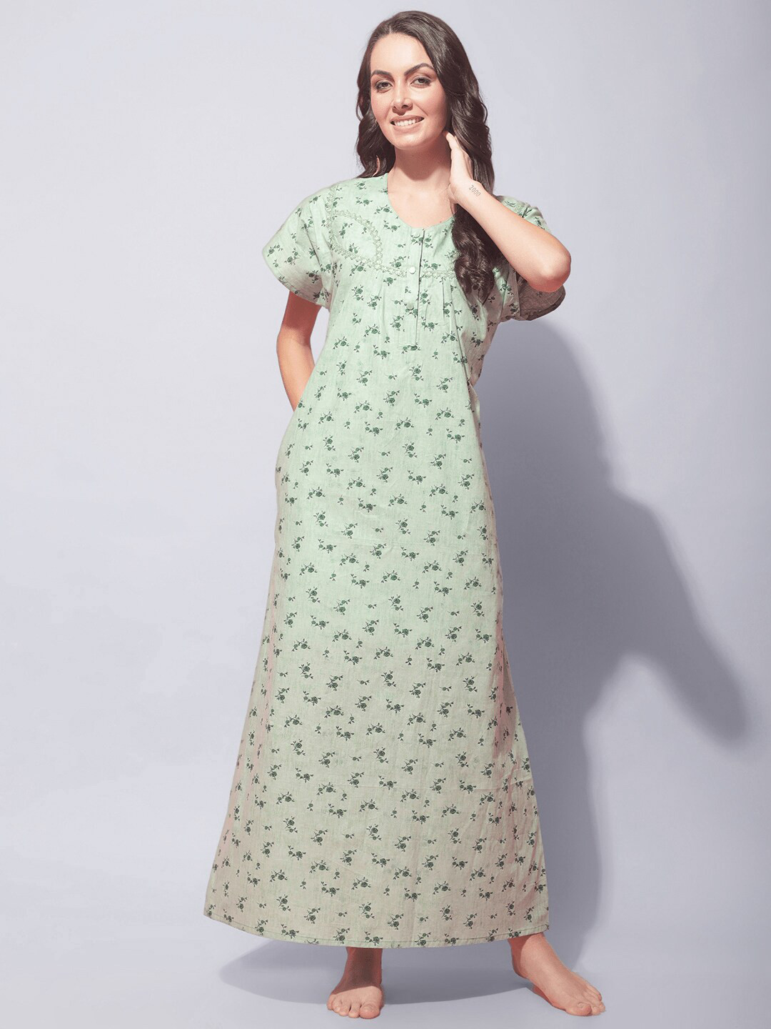 

Secret Wish Floral Printed Pure Cotton Maxi Nightdress, Green