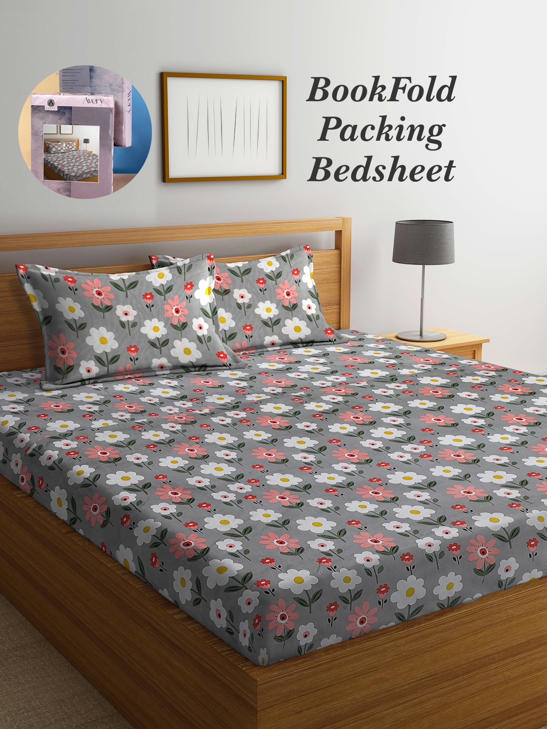 

Arrabi Bookfold Grey & White Floral Printed 300 TC King Bedsheet With 2 Pillow Covers