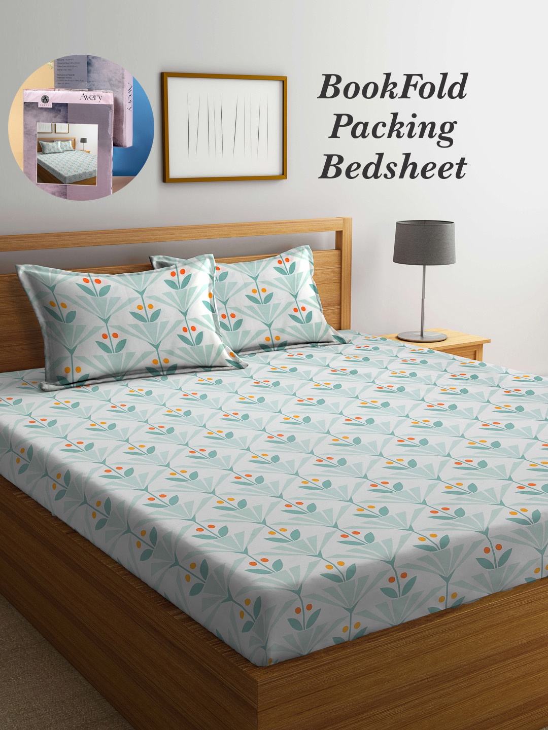 

Arrabi Bookfold White & Green Floral Printed 300 TC King Bedsheet & Pillow Covers