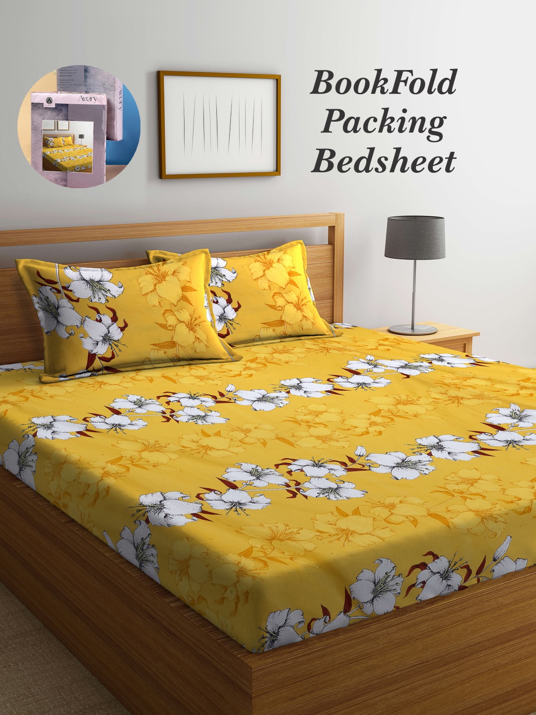 

Arrabi Bookfold Yellow & White Floral Printed 300 TC King Bedsheet With 2 Pillow Covers