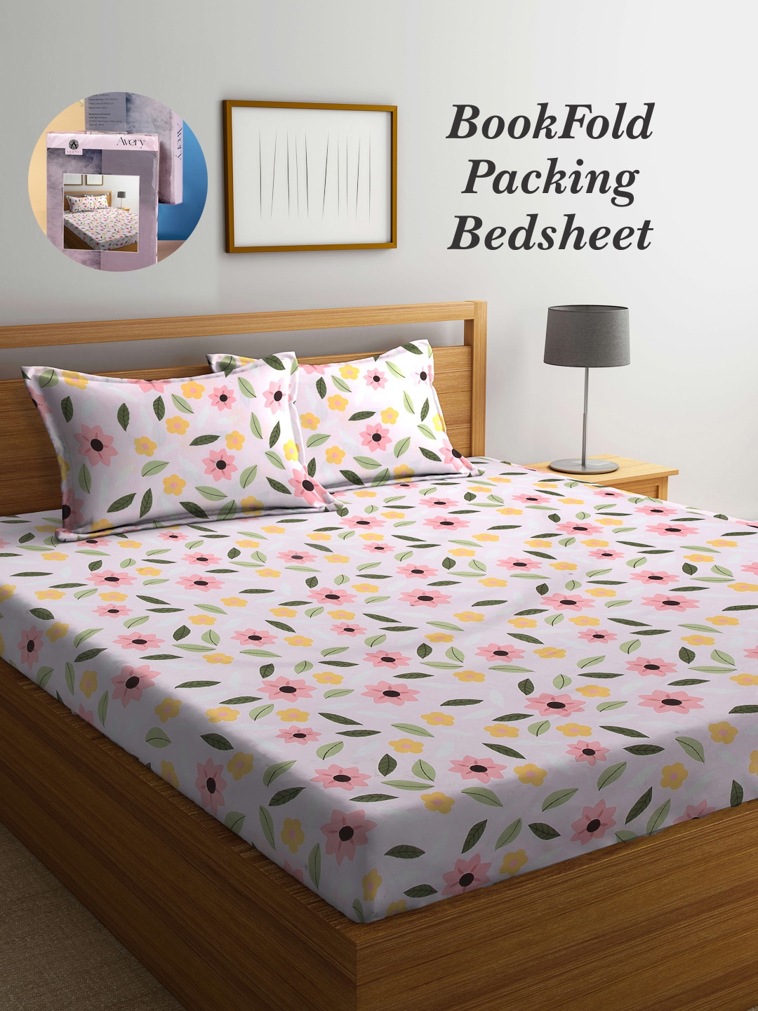 

Arrabi Bookfold Pink & Yellow Floral Printed 300 TC King Bedsheet With 2 Pillow Covers