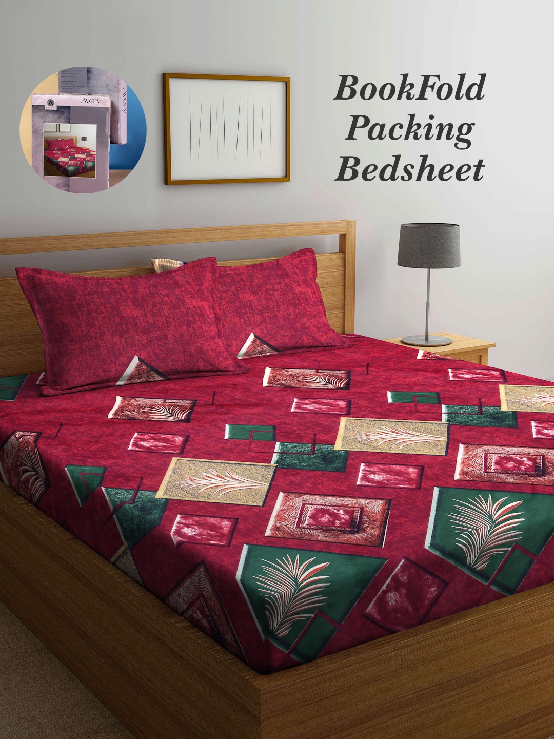 

Arrabi Bookfold Red & Green Geometric Printed 300 TC King Bedsheet & Pillow Covers
