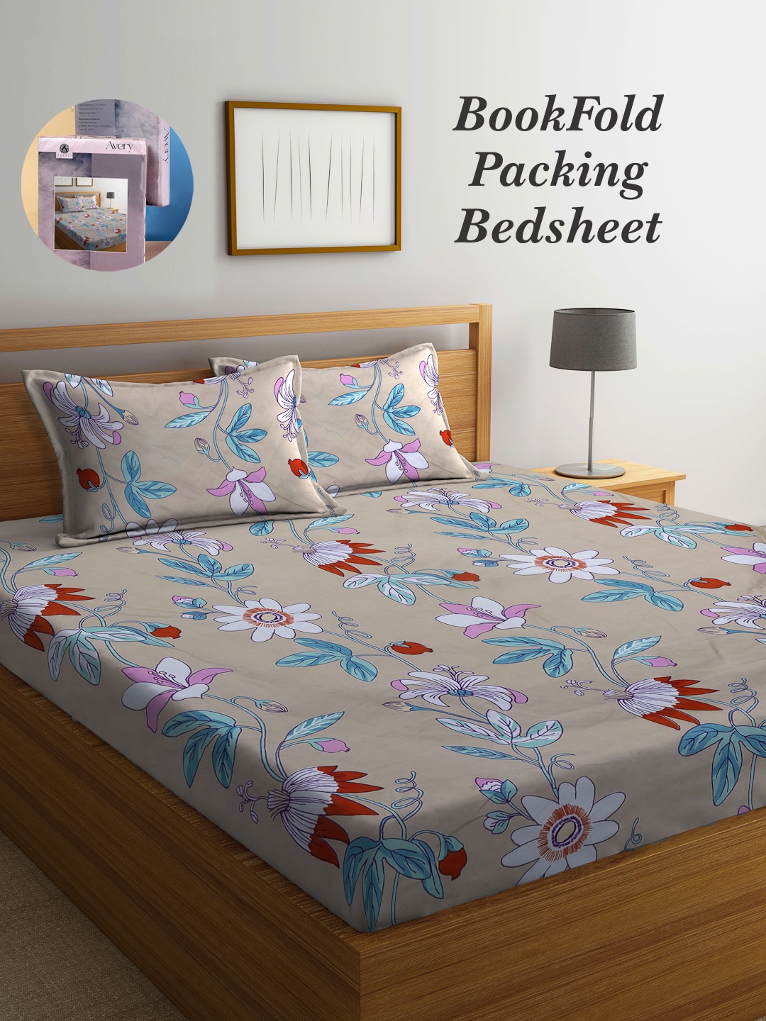 

Arrabi Bookfold Brown & White Floral Printed 300 TC King Bedsheet With 2 Pillow Covers