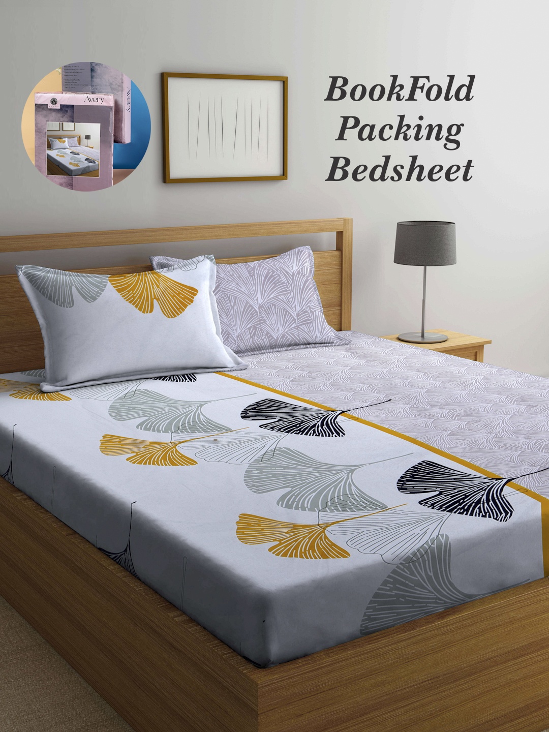 

Arrabi Bookfold Grey & Yellow Floral Printed 300 TC King Bedsheet With 2 Pillow Covers