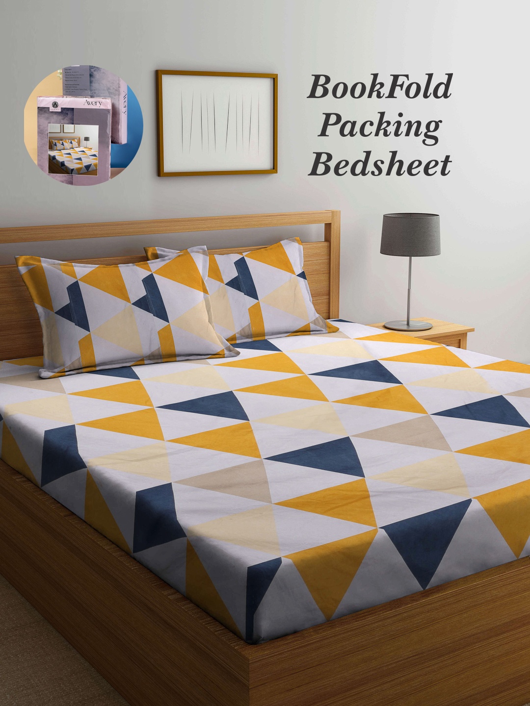 

Arrabi Bookfold White & Yellow Geometric Printed 300 TC King Bedsheet & Pillow Covers