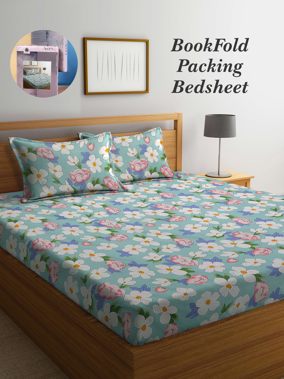 

Arrabi Bookfold Blue & White Floral Printed 300 TC King Bedsheet With 2 Pillow Covers