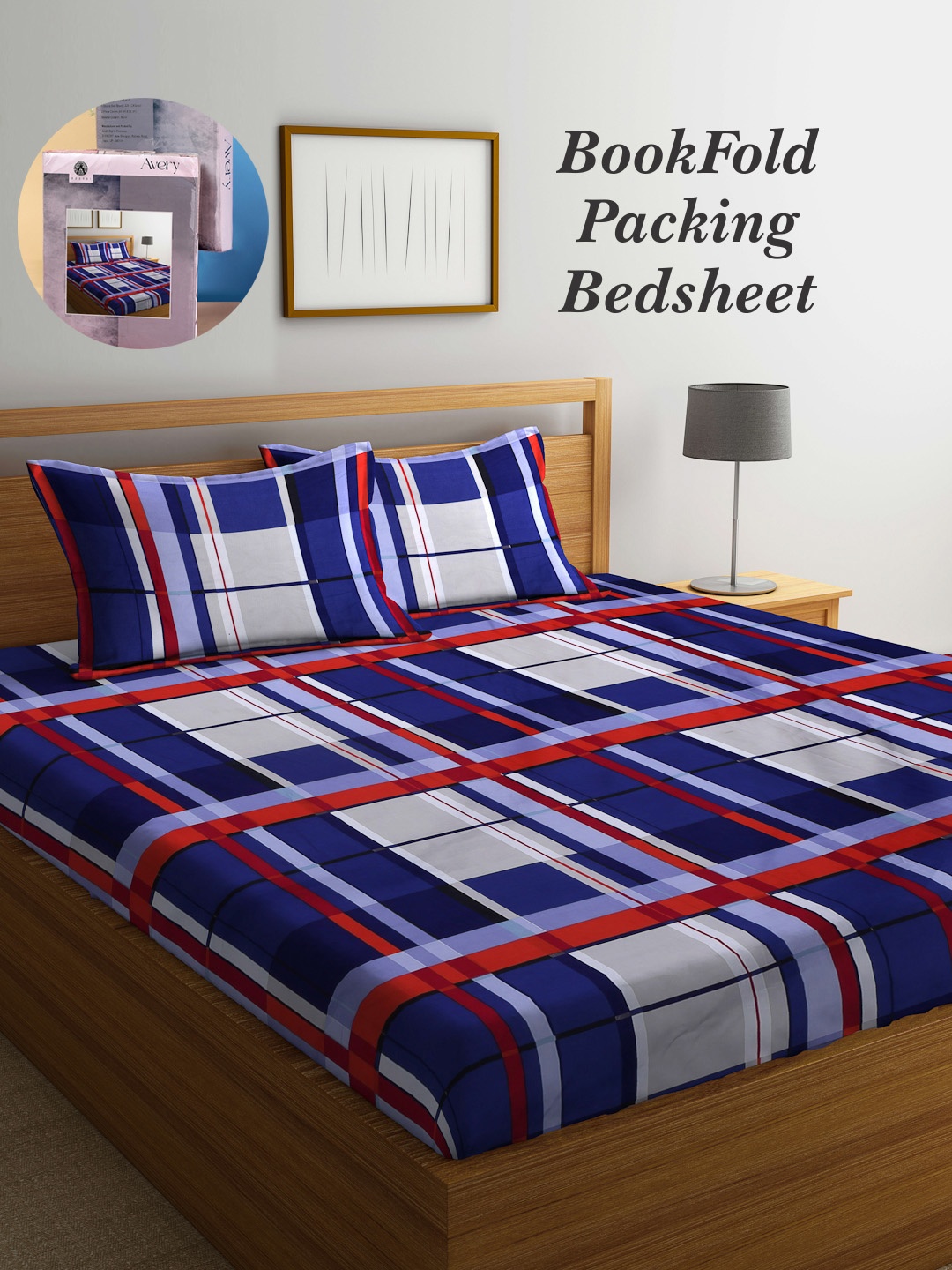 

Arrabi Bookfold Blue & Red Geometric Printed 300 TC King Bedsheet With 2 Pillow Covers