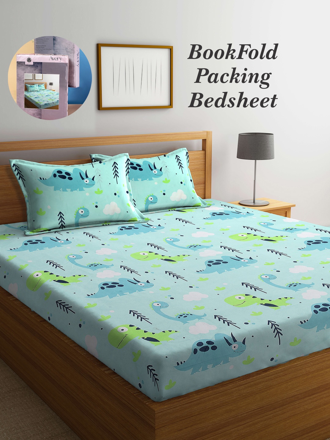 

Arrabi Bookfold Green & Blue Conversational Printed 300 TC King Bedsheet & 2 Pillow Covers