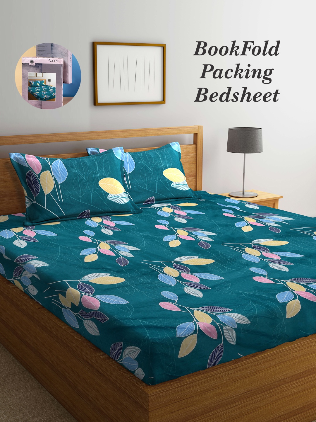 

Arrabi Bookfold Green & Blue Leaf Printed 300 TC King Bedsheet With 2 Pillow Covers