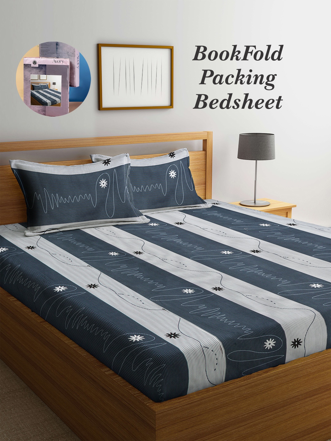 

Arrabi Bookfold Grey & White Striped 300 TC King Bedsheet With 2 Pillow Covers