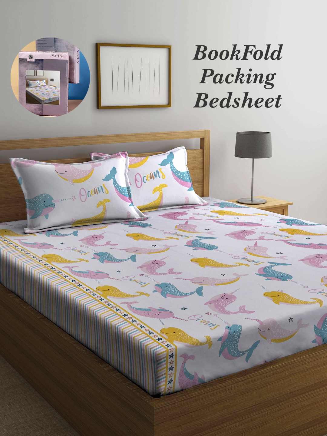 

Arrabi Bookfold White & Pink Conversational 300 TC King Bedsheet With 2 Pillow Covers