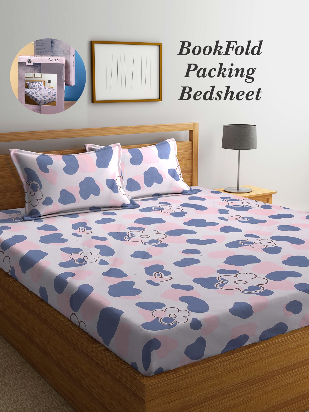 

Arrabi Bookfold Pink & Blue Floral Printed 300 TC King Bedsheet & Pillow Covers