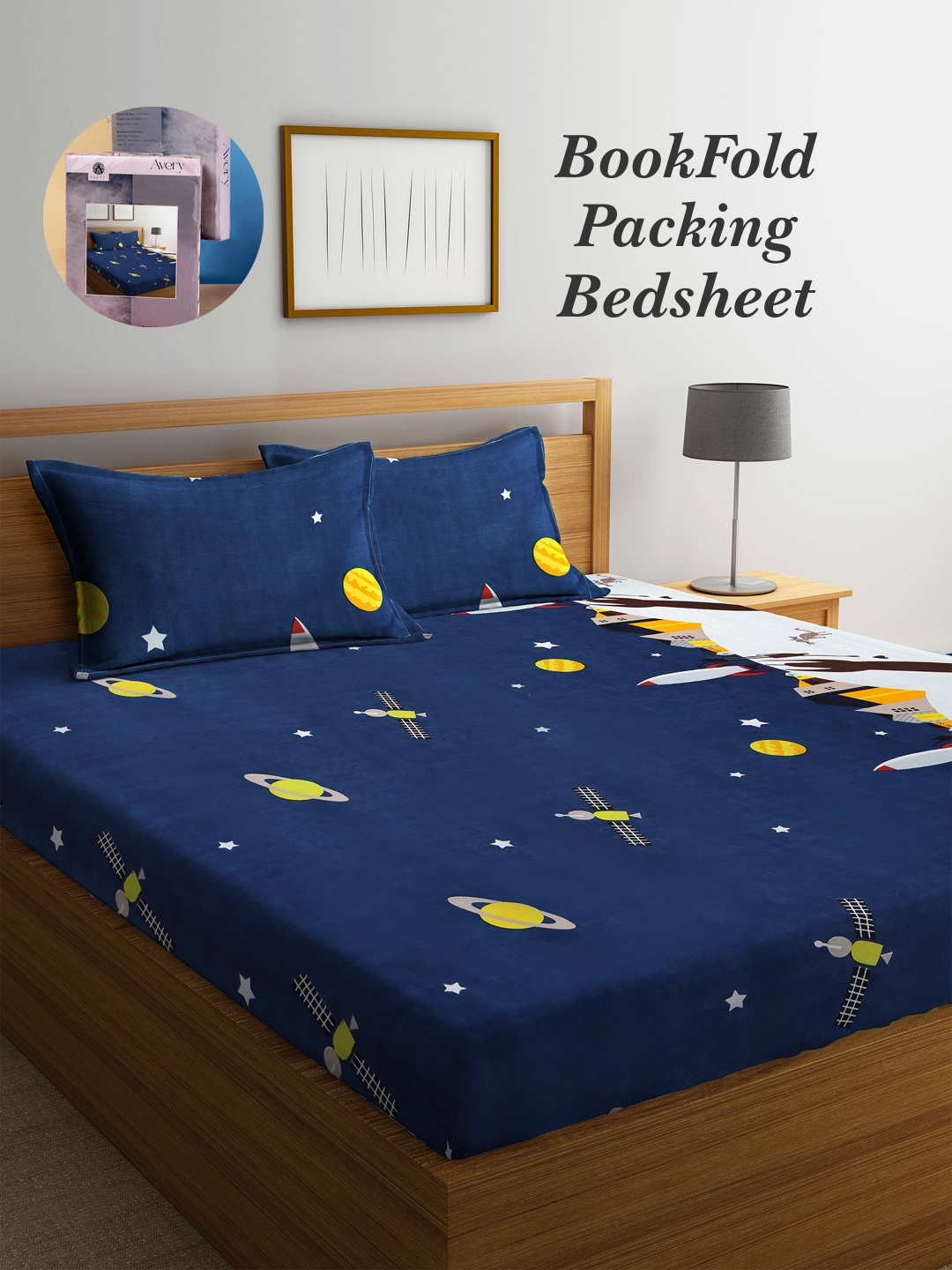 

Arrabi Bookfold Blue & Yellow Conversational 300 TC King Bedsheet With 2 Pillow Covers