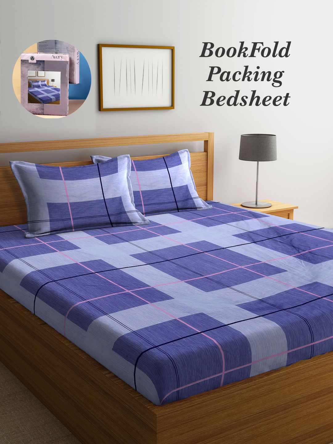 

Arrabi Bookfold Blue & Pink Geometric Printed 300 TC King Bedsheet & Pillow Covers