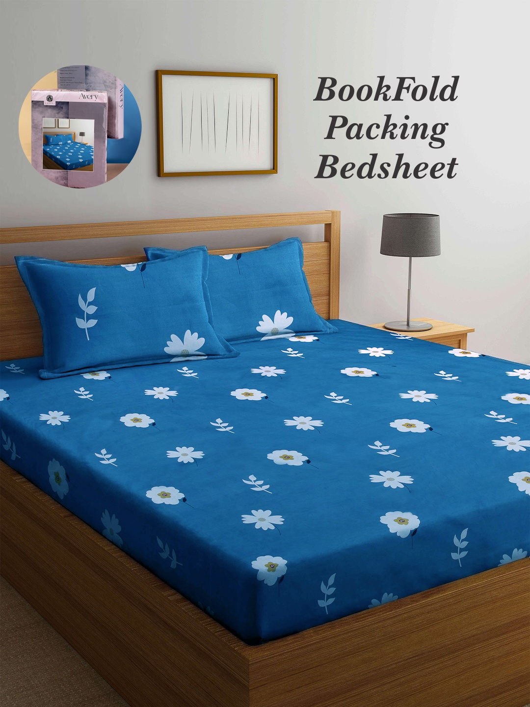 

Arrabi Bookfold Teal & White Floral Printed 300 TC King Bedsheet With 2 Pillow Covers