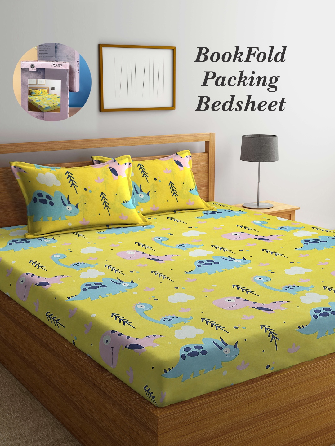 

Arrabi Bookfold Yellow & Pink Conversational 300 TC King Bedsheet With 2 Pillow Covers