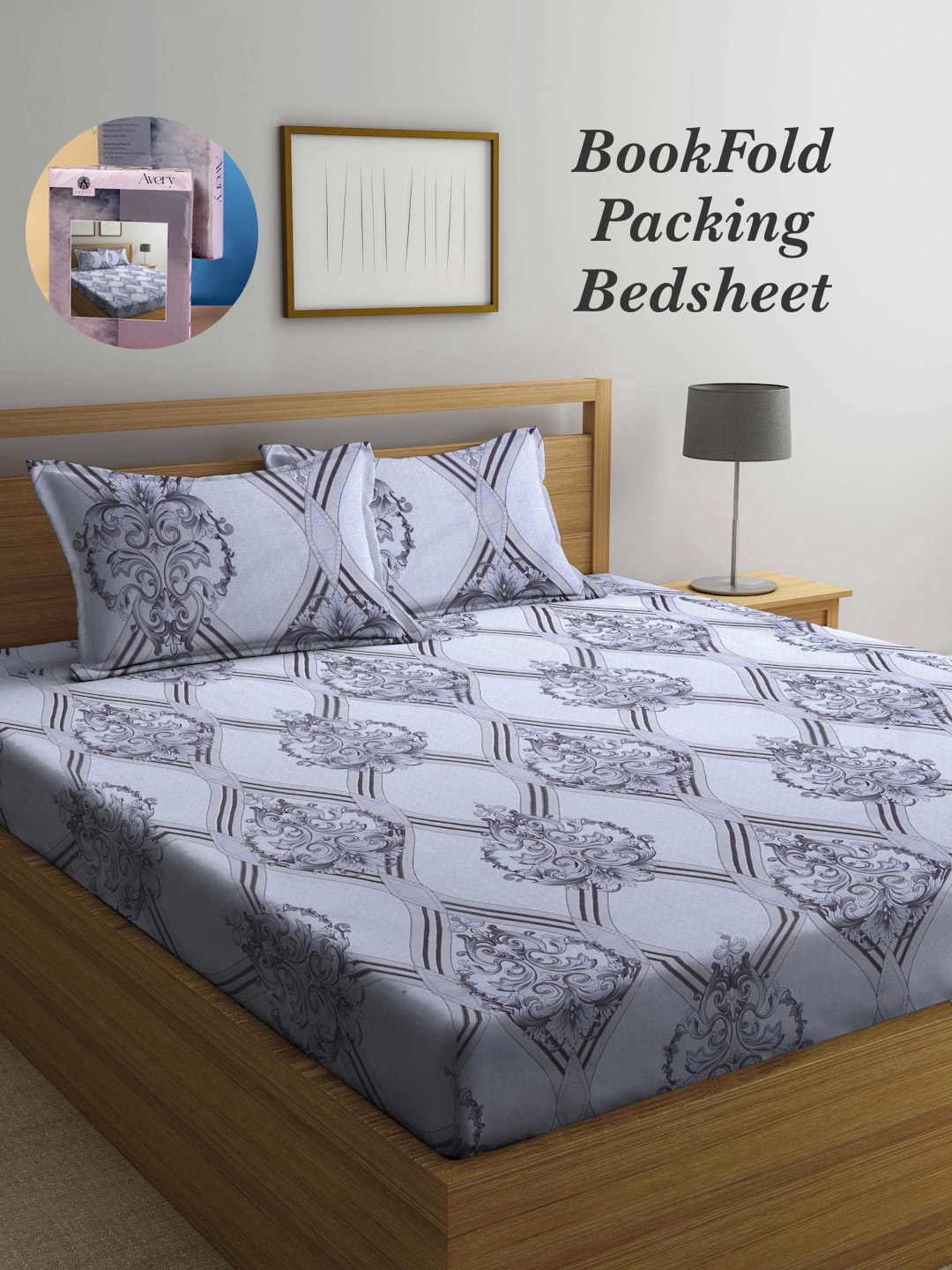 

Arrabi Bookfold Grey & Brown Ethnic Motifs Printed 300 TC King Bedsheet & 2 Pillow Covers