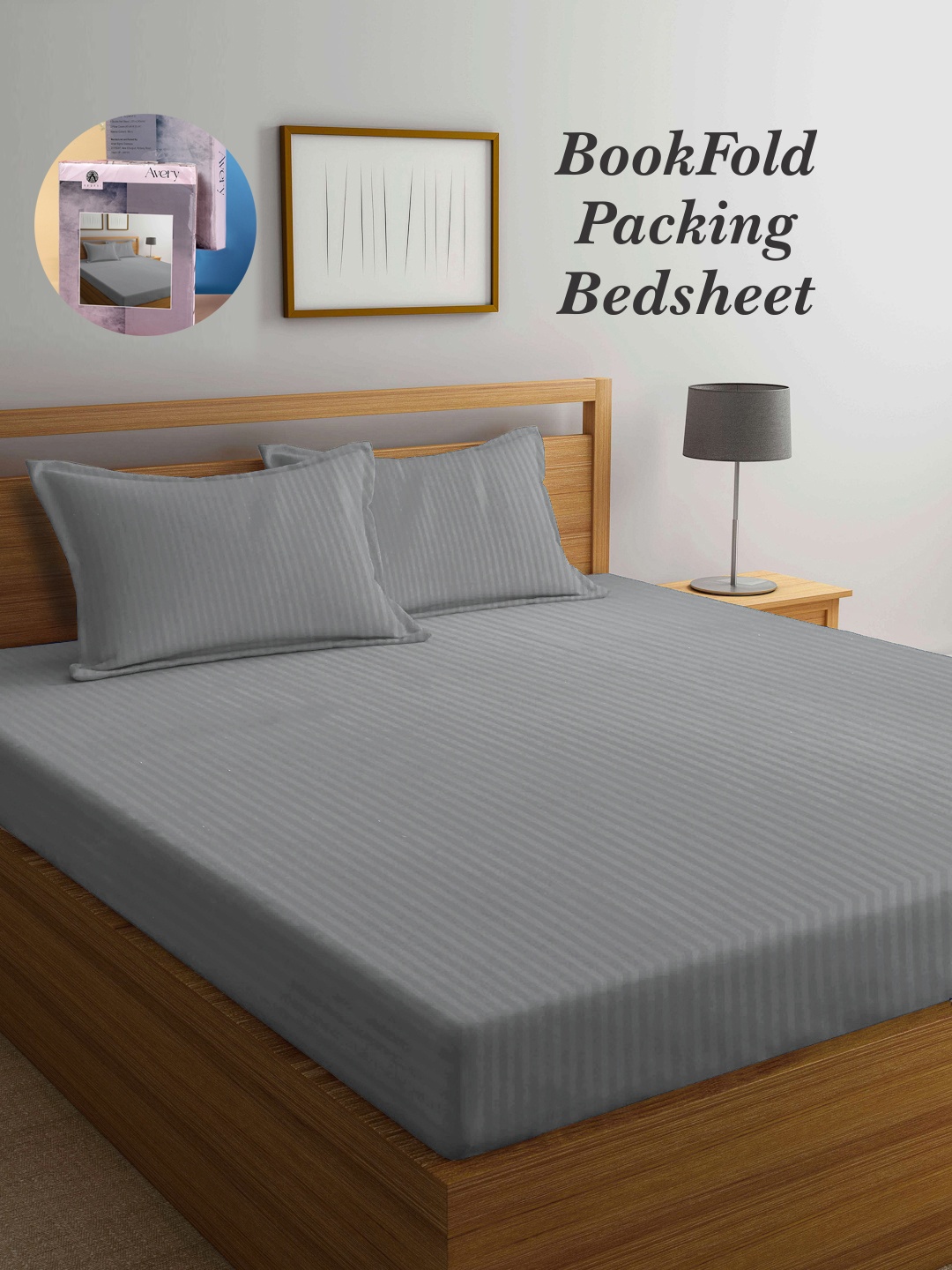 

Arrabi Bookfold Grey Striped 300 TC King Bedsheet & 2 Pillow Covers