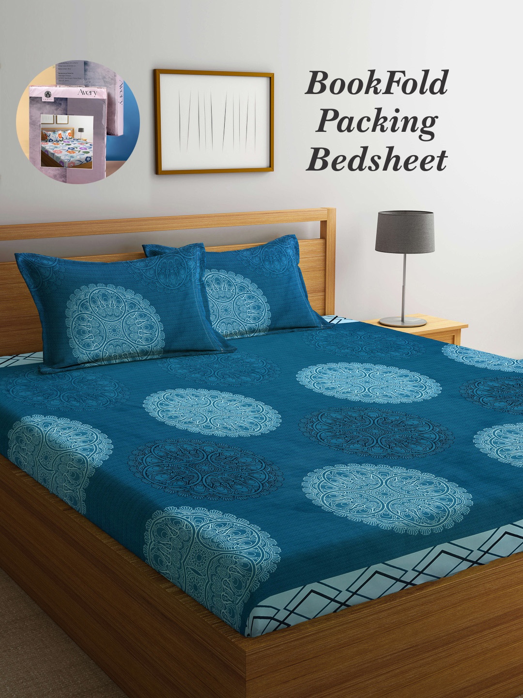 

Arrabi Bookfold Blue & Black Ethnic Motifs 300 TC King Bedsheet & 2 Pillow Covers