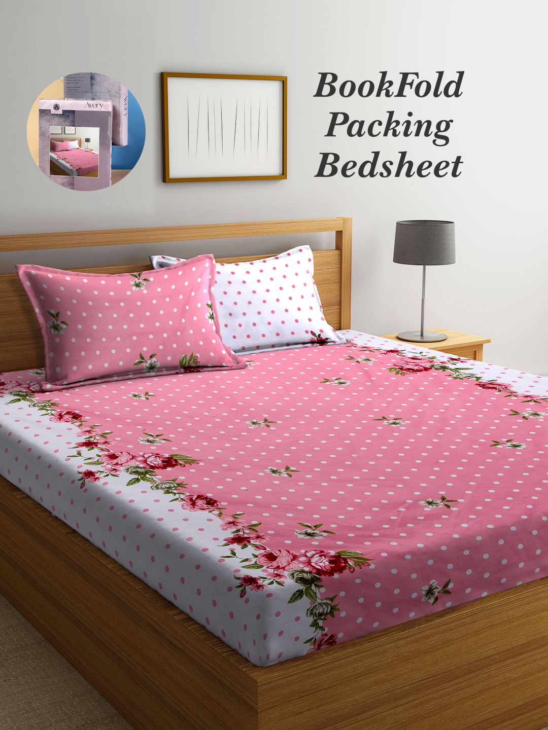 

Arrabi Bookfold Pink & White Floral Printed 300 TC King Bedsheet & 2 Pillow Covers