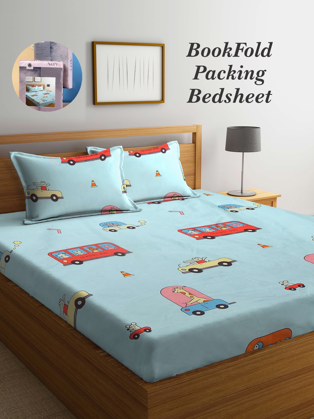 

Arrabi Bookfold Blue & Red Cartoon Characters 300 TC King Bedsheet & 2 Pillow Covers