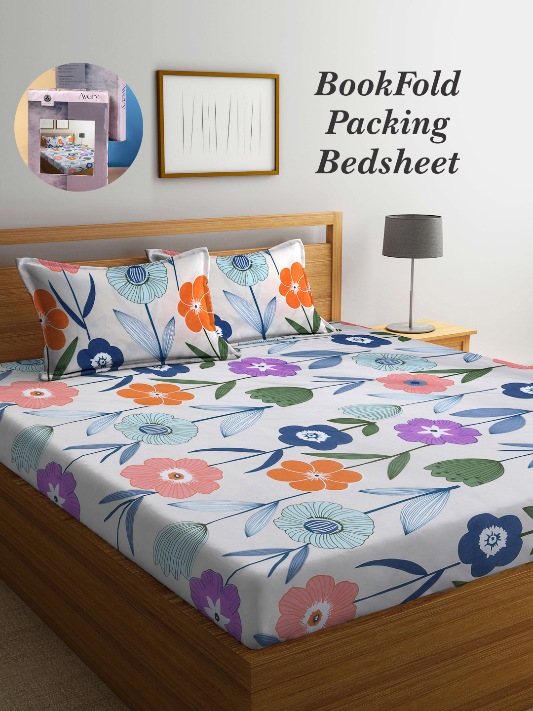 

Arrabi Bookfold White & Blue Floral Printed 300 TC King Bedsheet With 2 Pillow Covers