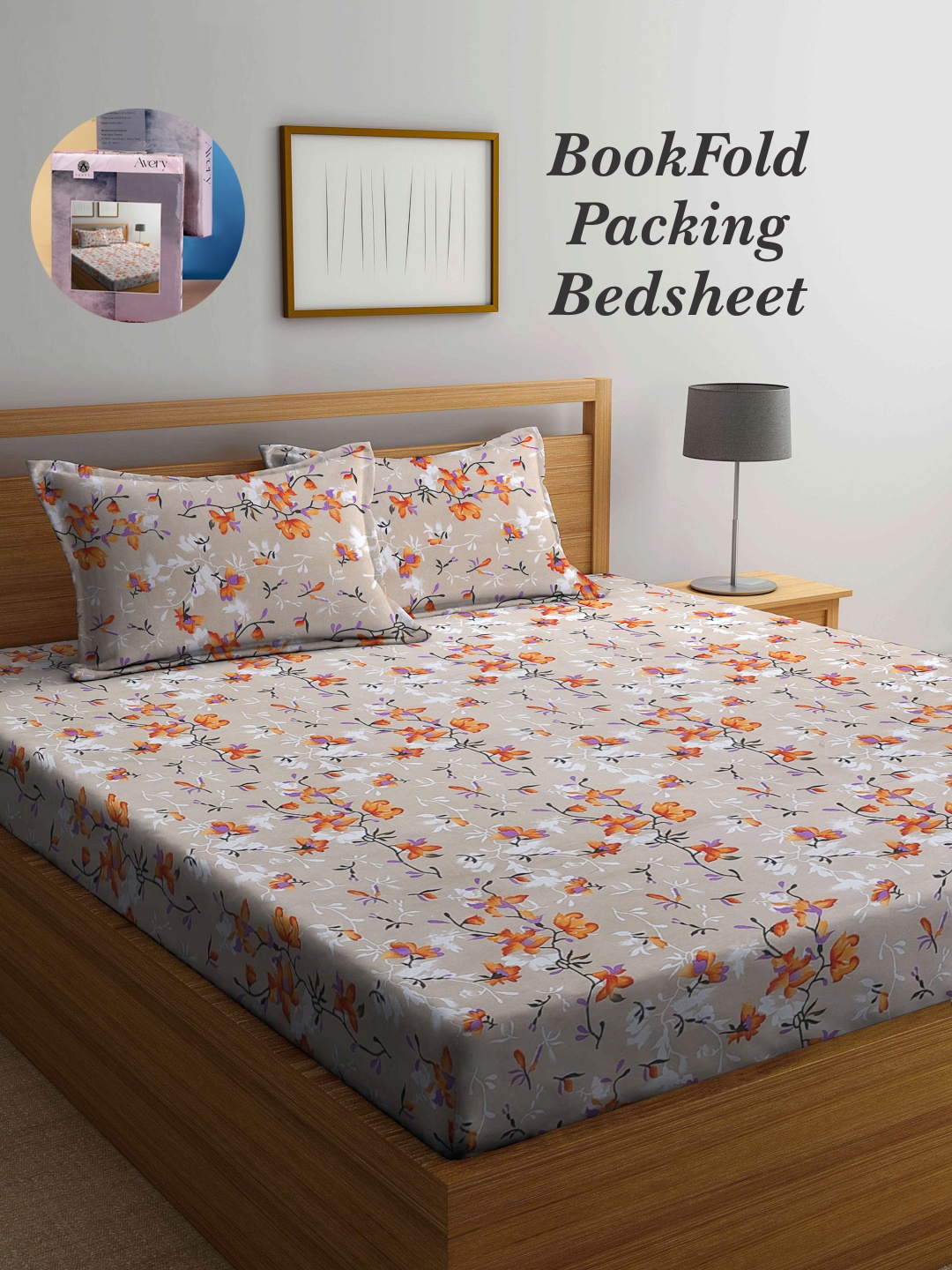 

Arrabi Bookfold Beige & Orange Floral Printed 300 TC King Bedsheet & Pillow Covers