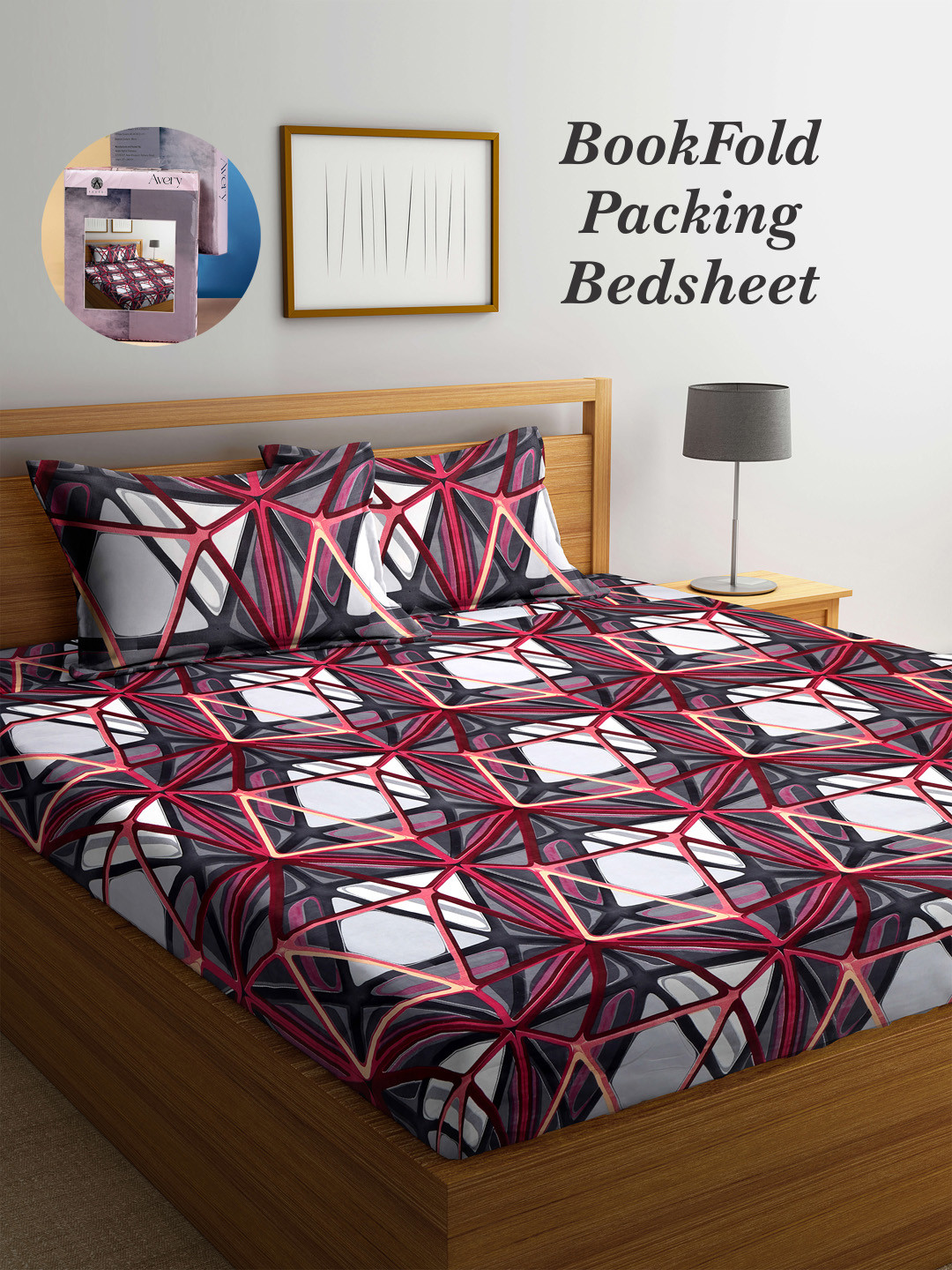 

Arrabi Bookfold Grey & Red Geometric Printed 300 TC King Bedsheet & 2 Pillow Covers