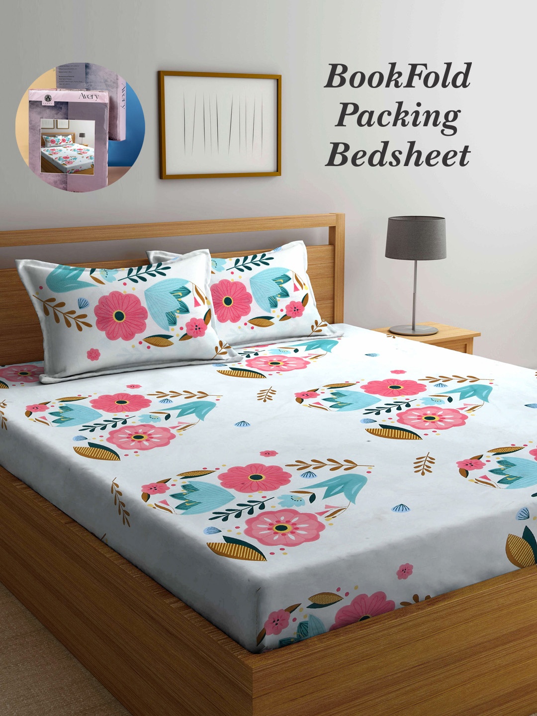 

Arrabi Bookfold White & Pink Floral Printed 300 TC King Bedsheet & Pillow Covers