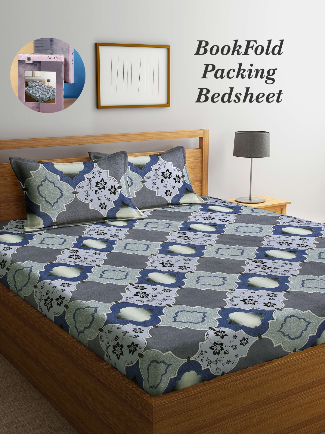 

Arrabi Bookfold Grey & Blue Graphic Printed 300 TC King Bedsheet & Pillow Covers