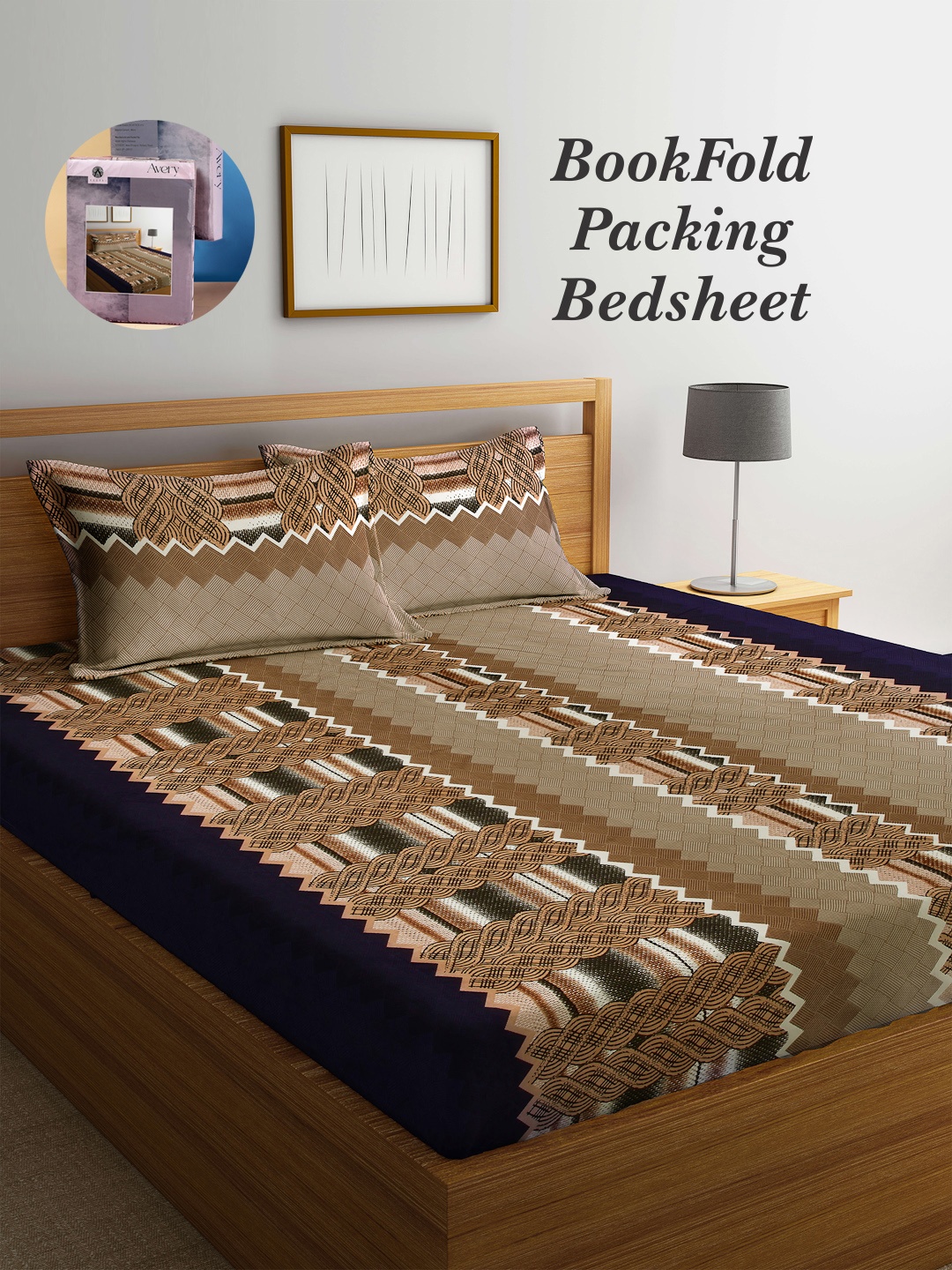 

Arrabi Bookfold Brown & Blue Printed 300 TC King Bedsheet & Pillow Covers