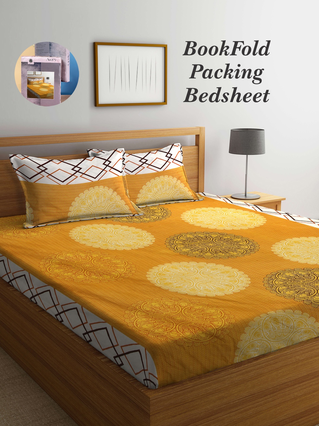 

Arrabi Bookfold Yellow & White Ethnic Motifs 300 TC King Bedsheet With 2 Pillow Covers