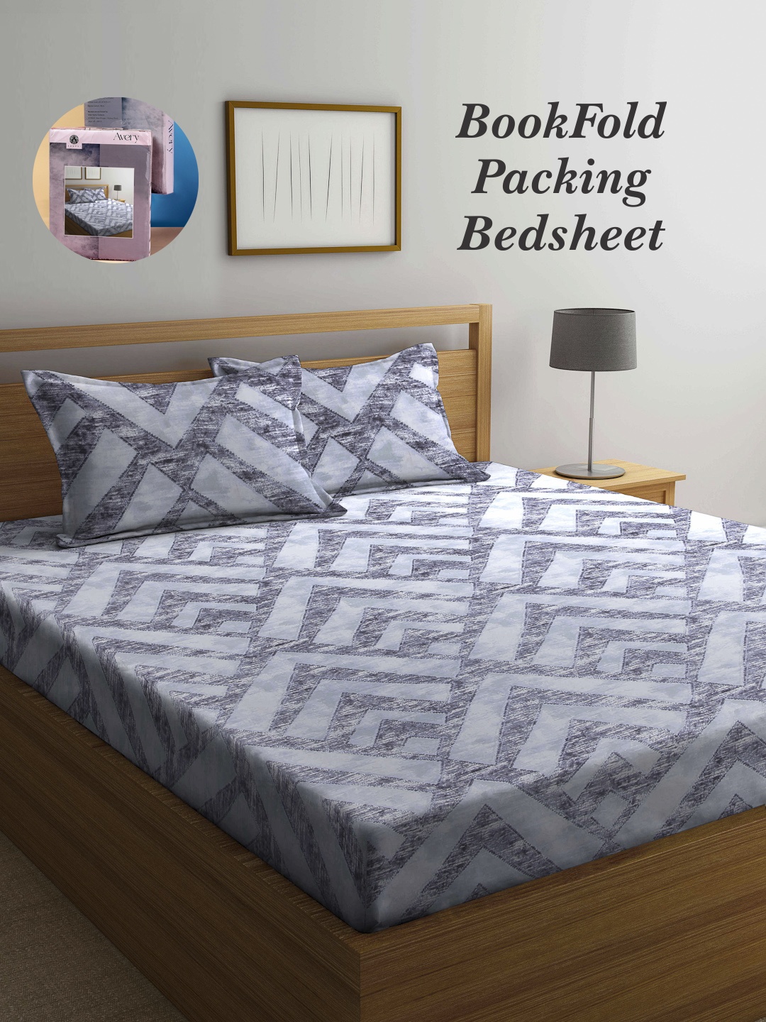 

Arrabi Bookfold Grey Geometric Printed 300 TC King Bedsheet With 2 Pillow Covers