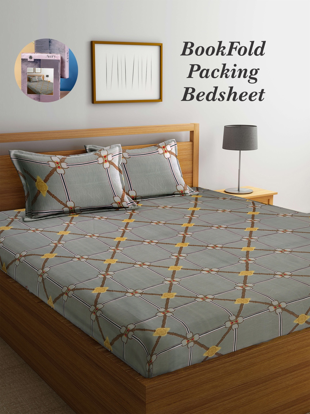 

Arrabi Bookfold Grey & Yellow Graphic Printed 300 TC King Bedsheet & Pillow Covers