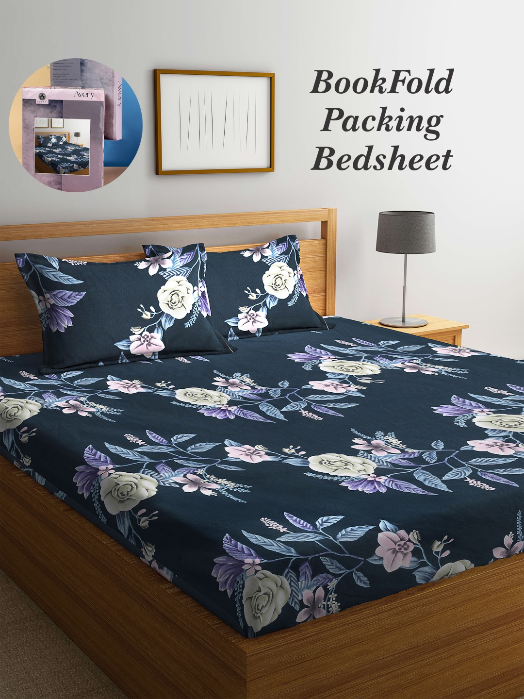 

Arrabi Bookfold Blue & Purple Floral Printed 300 TC King Bedsheet & Pillow Covers