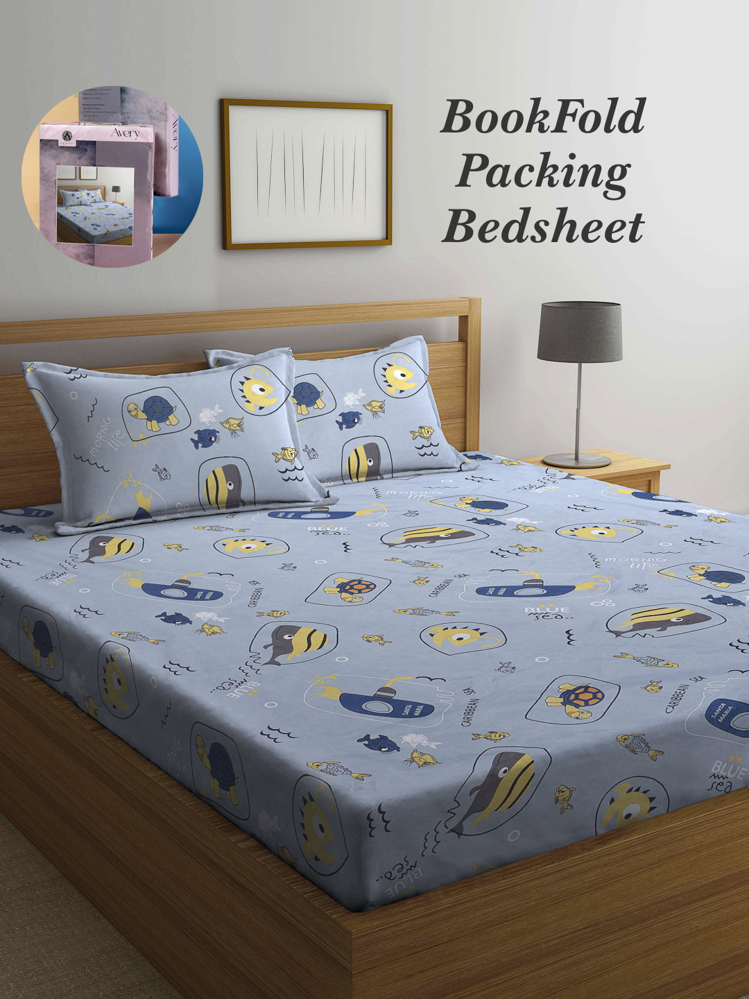

Arrabi Bookfold Grey & Yellow Conversational Printed 300 TC King Bedsheet & Pillow Covers