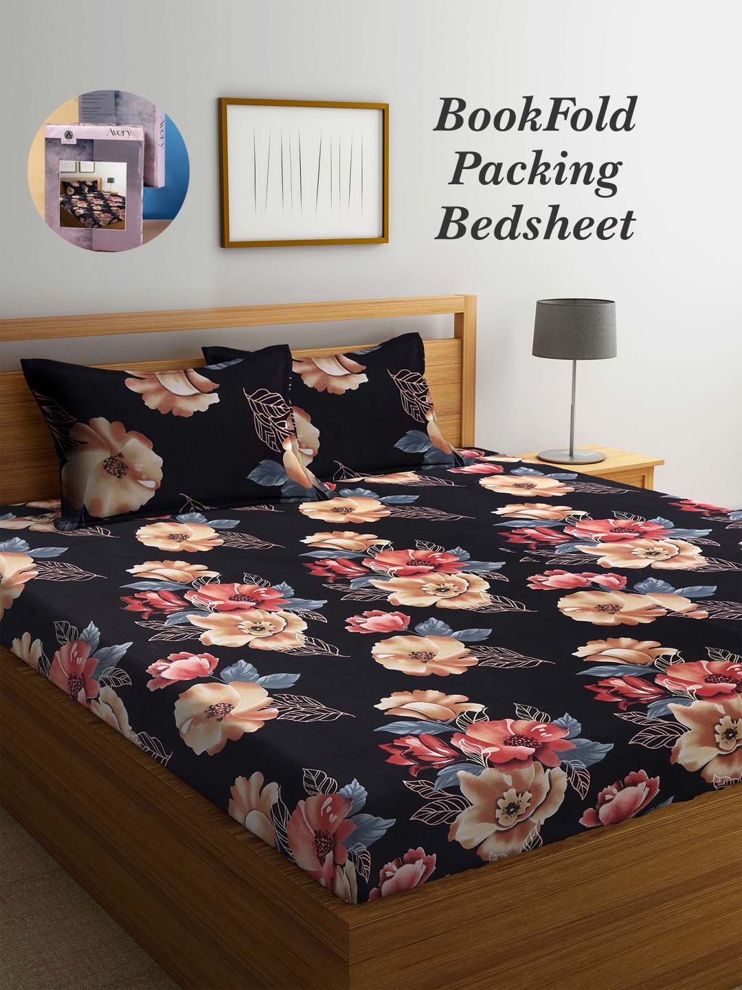 

Arrabi Bookfold Black & Brown Floral Printed 300 TC King Bedsheet & Pillow Covers