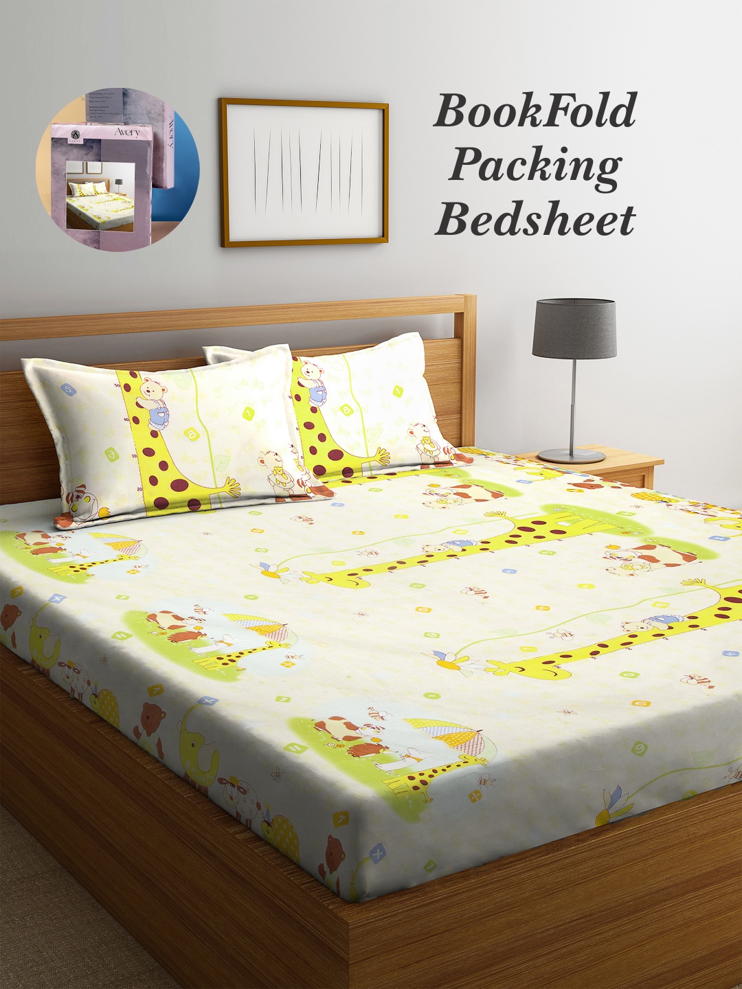 

Arrabi Bookfold Yellow & Green Conversational 300 TC King Bedsheet With 2 Pillow Covers