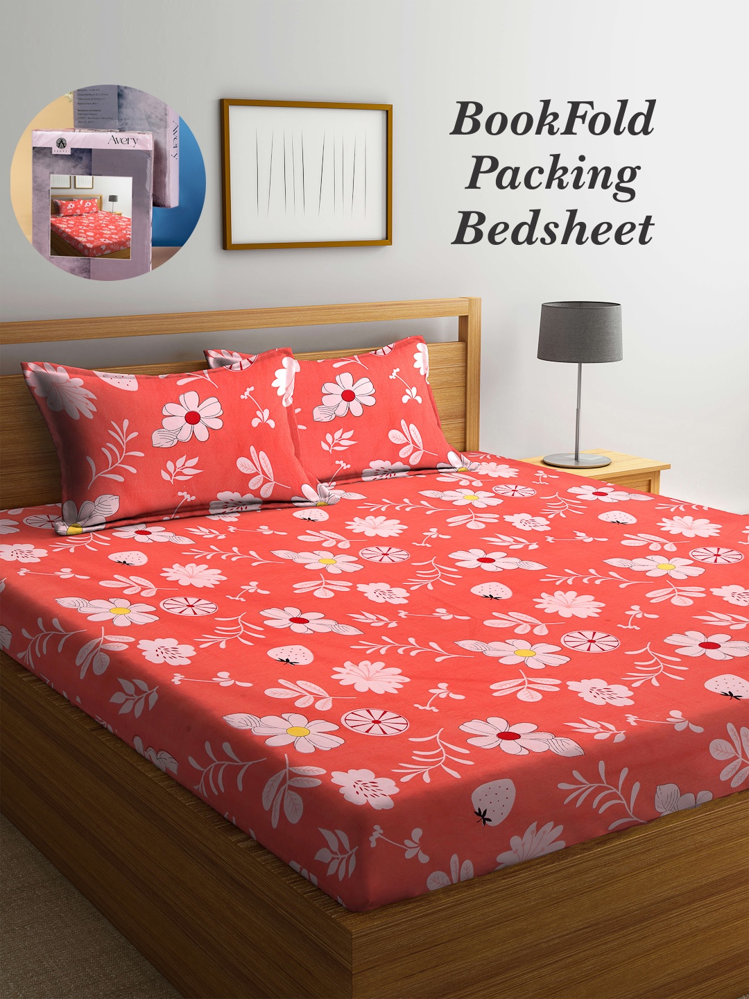 

Arrabi Bookfold Orange & Pink Floral Printed 300 TC King Bedsheet & 2 Pillow Covers