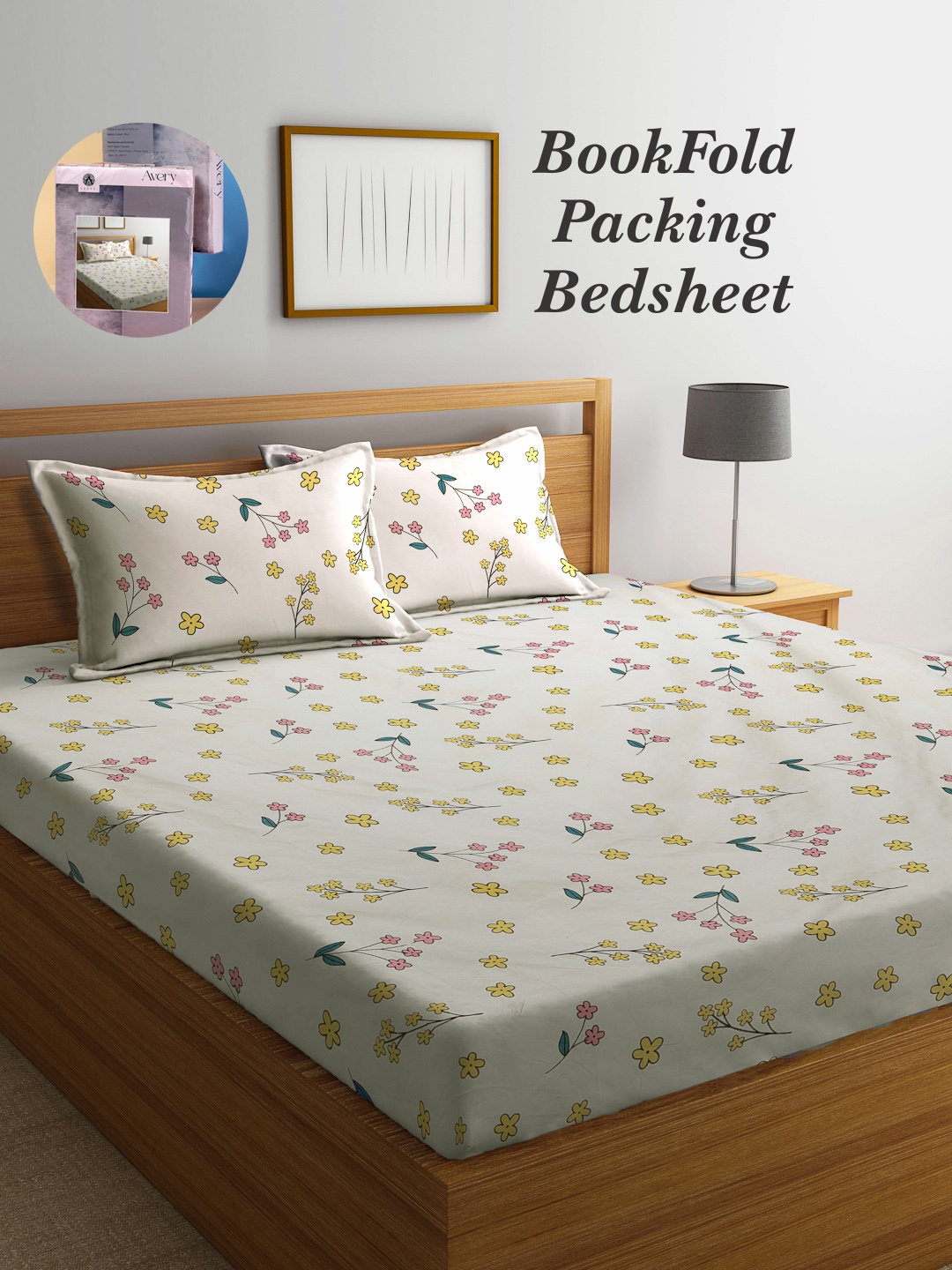 

Arrabi Bookfold Cream & Yellow Floral Printed 300 TC King Bedsheet With 2 Pillow Covers