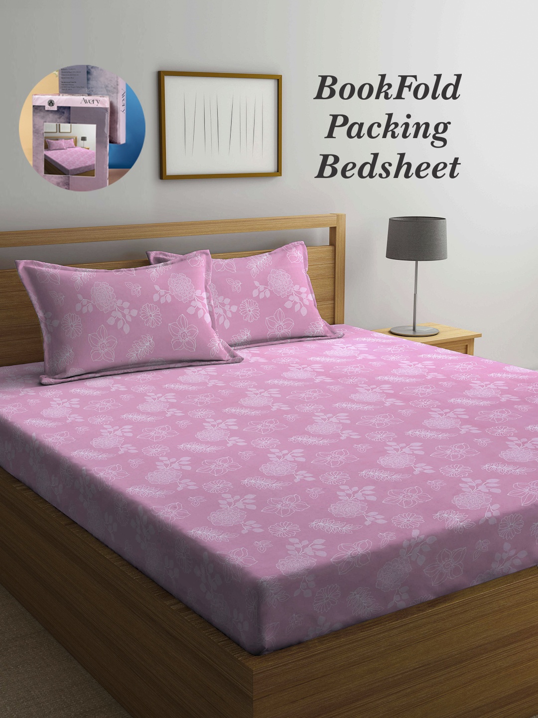 

Arrabi Bookfold Pink & White Floral Printed 300 TC King Bedsheet & Pillow Covers