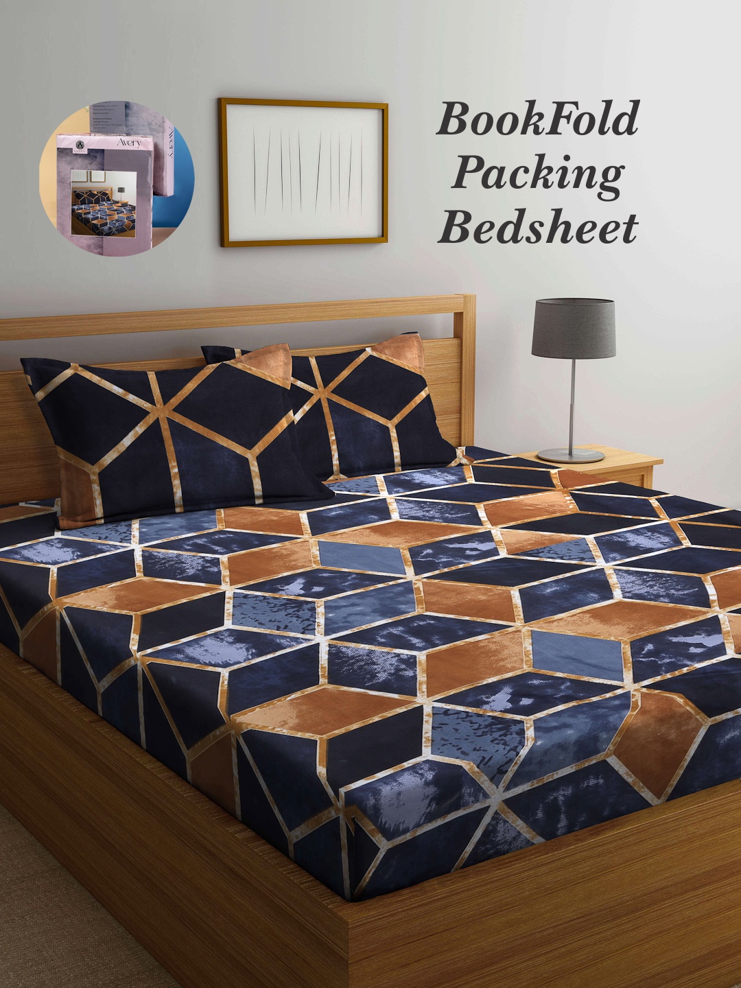 

Arrabi Bookfold Blue & Brown Geometric Printed 300 TC King Bedsheet & Pillow Covers