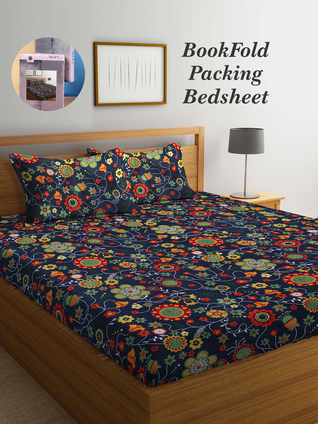 

Arrabi Bookfold Blue & Red Floral Printed 300 TC King Bedsheet With 2 Pillow Covers